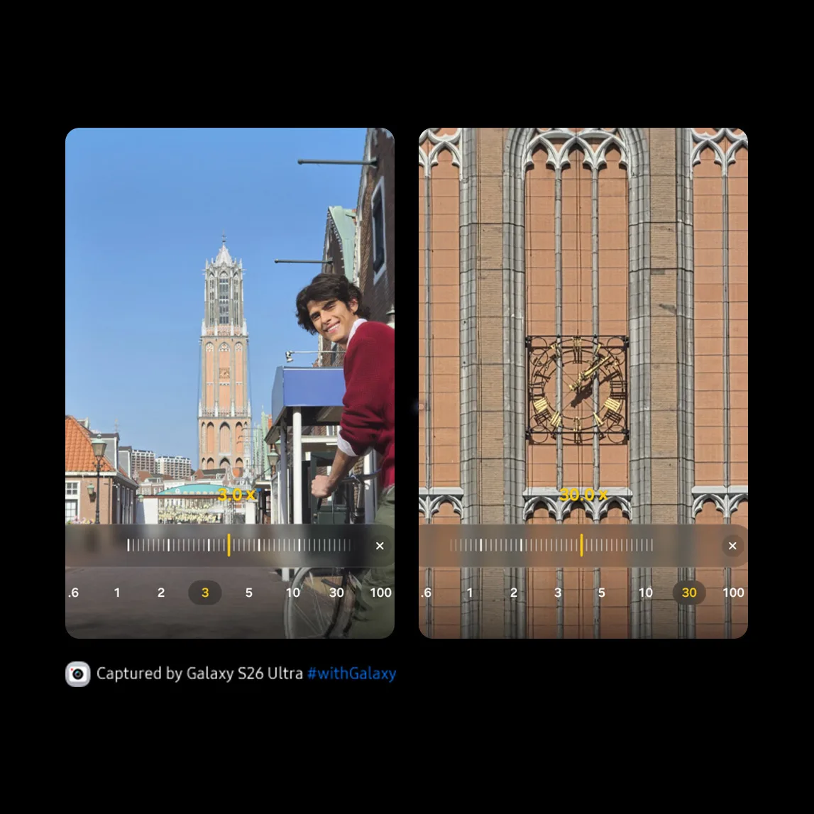 Comparativa de zoom de cámara del Galaxy S26 Ultra mostrando captura a 3x y detalle a 30x