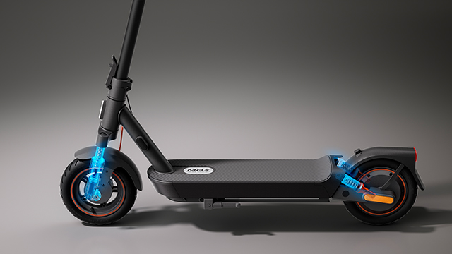 Vista lateral del Xiaomi Electric Scooter 5 Max destacando el sistema de suspensión delantera y trasera con componentes resaltados en azul.