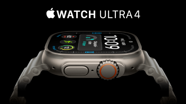 Apple Watch Ultra 4 mostrado de frente sobre fondo negro, con pantalla digital y el texto «WATCH ULTRA 4».