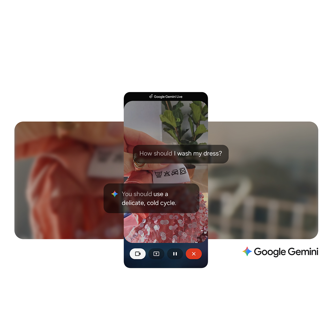 Pantalla de smartphone con Google Gemini Live mostrando ayuda para interpretar la etiqueta de lavado de una prenda.