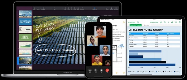 Pantalla de portátil mostrando paneles solares y texto. Un teléfono muestra cuatro personas en una videollamada. Una tableta muestra datos.