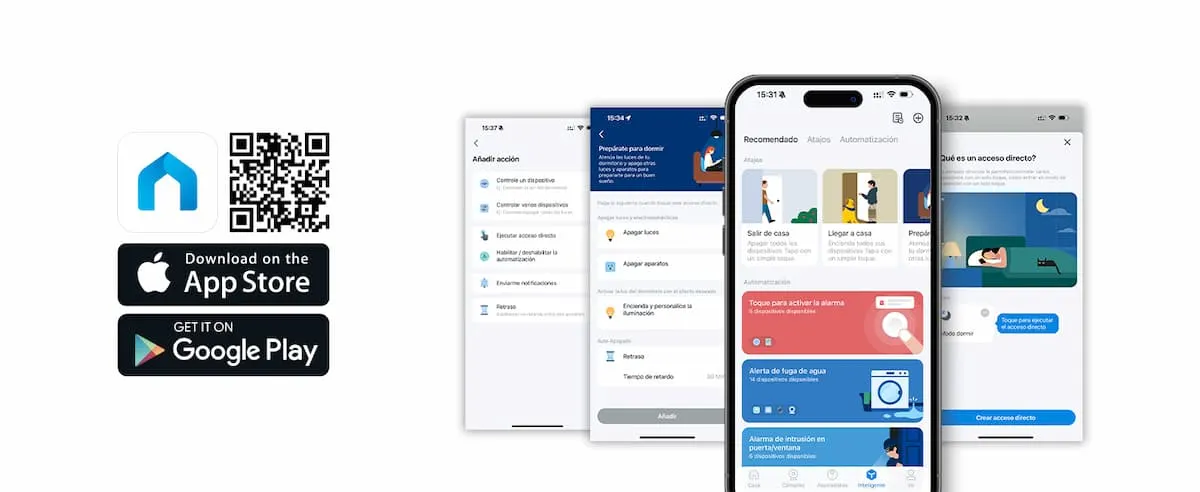 Vista de la app Tapo en un móvil con pantallas de control inteligente y botones de descarga en App Store y Google Play.