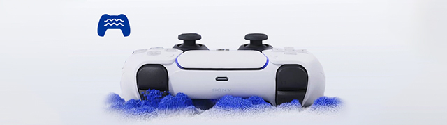 Mando inalámbrico DualSense® en un fondo gris claro sobre una textura azul.