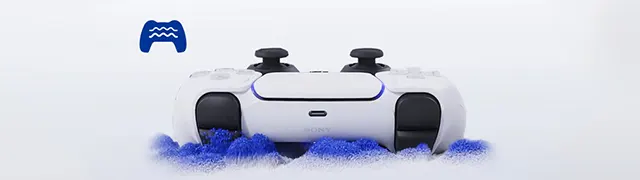 Mando inalámbrico DualSense® en un fondo gris claro sobre una textura azul.