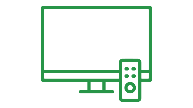 Contorno verde de un televisor de pantalla plana con soporte y un control remoto al lado derecho sobre un fondo blanco.