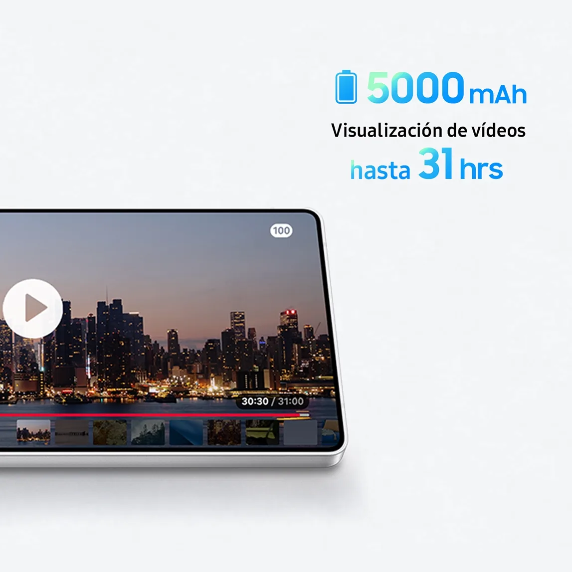 Pantalla de móvil mostrando un video de ciudad con batería de 5000mAh y hasta 31 horas de reproducción.