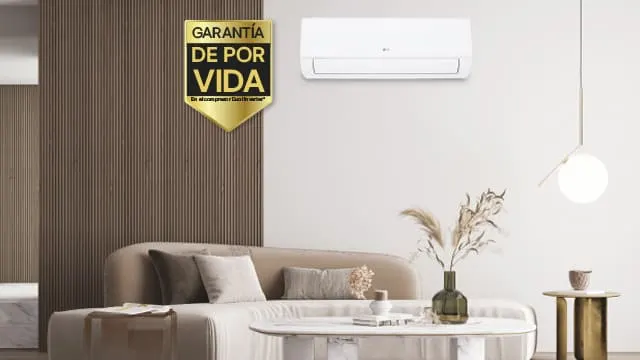 Aire acondicionado LG en salón moderno con garantía de por vida en compresor Dual Inverter, enfocado en durabilidad y sostenibilidad.