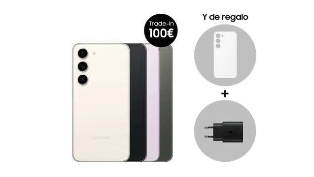 Cuatro teléfonos móviles alineados en blanco, negro, lila y verde. Un círculo muestra un móvil y cargador de regalo.