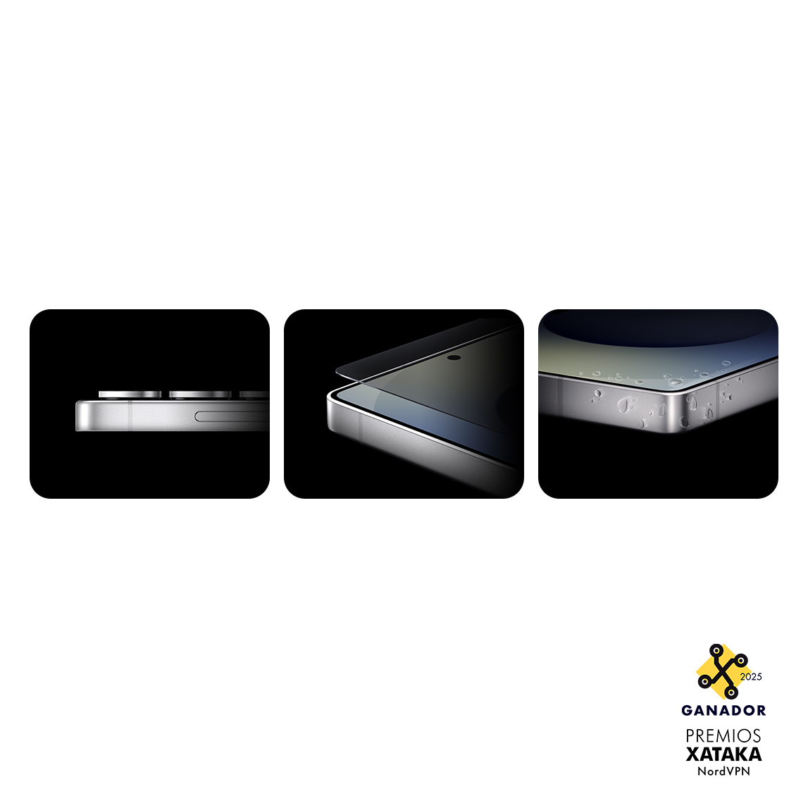 Tres recuadros negros muestran detalles de un dispositivo plateado, incluyendo lentes, borde y pantalla con gotas. Logo donde se muestra que Samsung ha sido galardonado con el 2º puesto en los premios Xataka 2025.