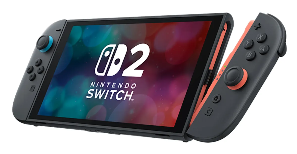Consola Nintendo Switch gris con detalles en azul y coral, mostrando la pantalla con el logo de Nintendo Switch en blanco.