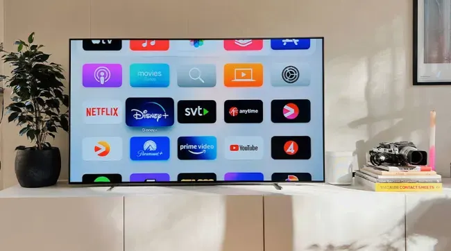 Pantalla de TV mostrando iconos de aplicaciones como Netflix, Disney+, y YouTube, con una planta y una cámara al lado.