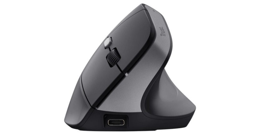 Ratón ergonómico vertical en color negro y gris.