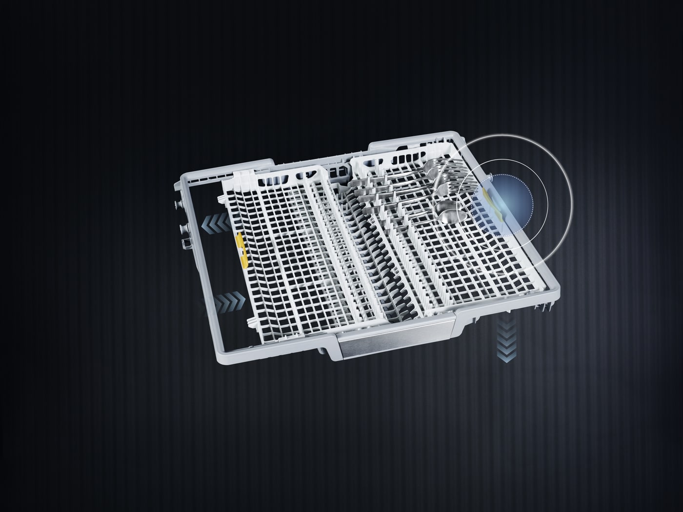 Cesta blanca de lavavajillas con rejilla sobre fondo negro; flechas grises indican movimiento. Resaltes amarillos y azules.
