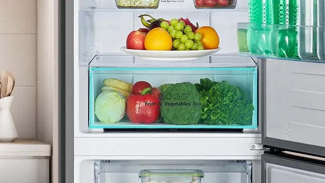 Frigorífico abierto donde se puede ver el cajón especial para frutas y verduras