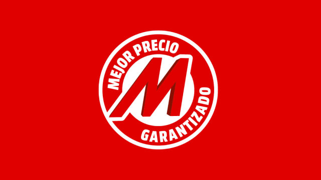 Logo circular blanco con letra M y texto 'Mejor Precio Garantizado' sobre fondo rojo