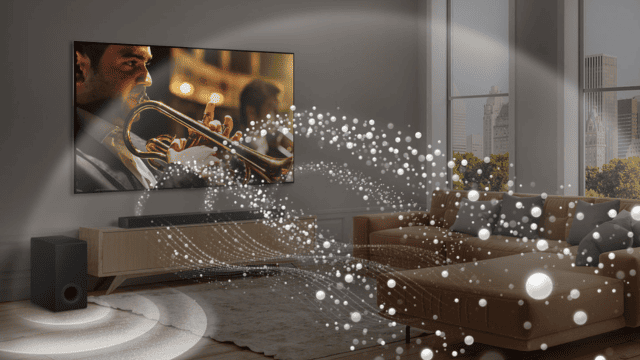 Salón con TV mostrando un trompetista, barra de sonido y altavoz. Un sofá marrón con cojines grises y ventanas al fondo.