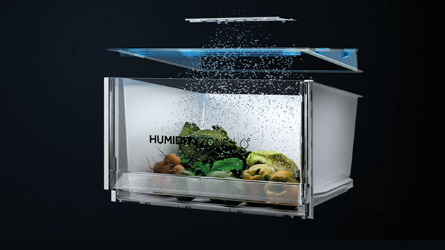Cajón Humidity Zone con frutas y verduras donde la humedad se distribuye de forma controlada, manteniendo frescura, sabor y propiedades por más tiempo.