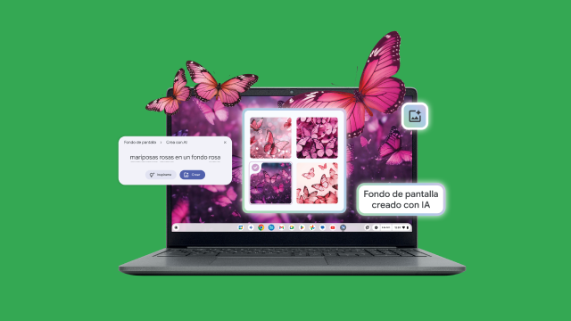 Portátil con pantalla que muestra mariposas rosas y opciones de fondo, con tres mariposas rosas sobre la pantalla; fondo verde.