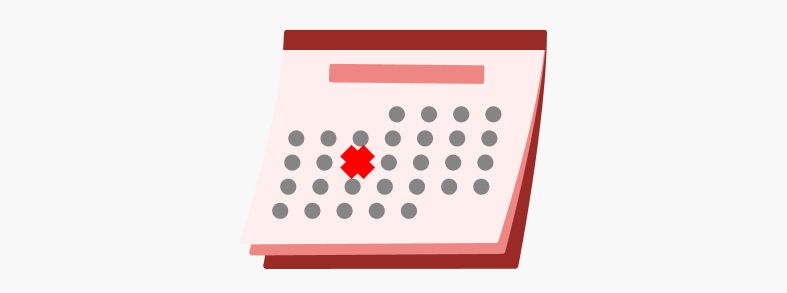 Calendario de color burdeos con una cruz roja en el día quince y puntos grises que representan los otros días.