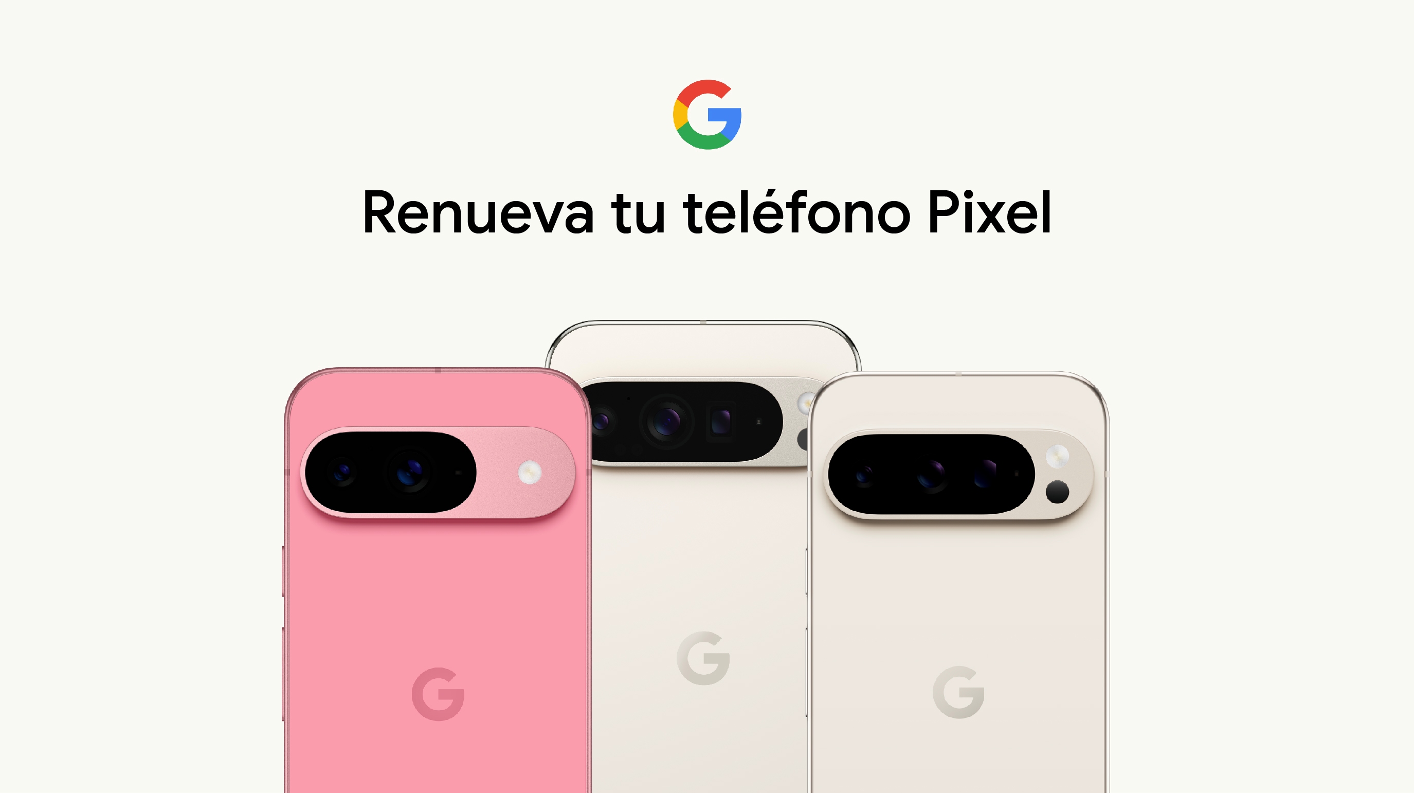 Tres teléfonos Pixel en rosa y blanco con el logotipo de Google sobre fondo blanco.