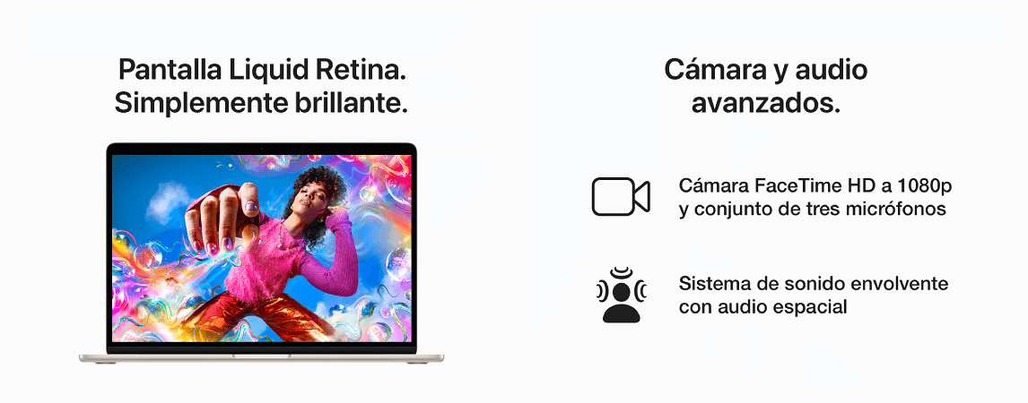 Un portátil muestra a una persona sobre un fondo colorido. A la derecha hay íconos y texto sobre la cámara y el audio.