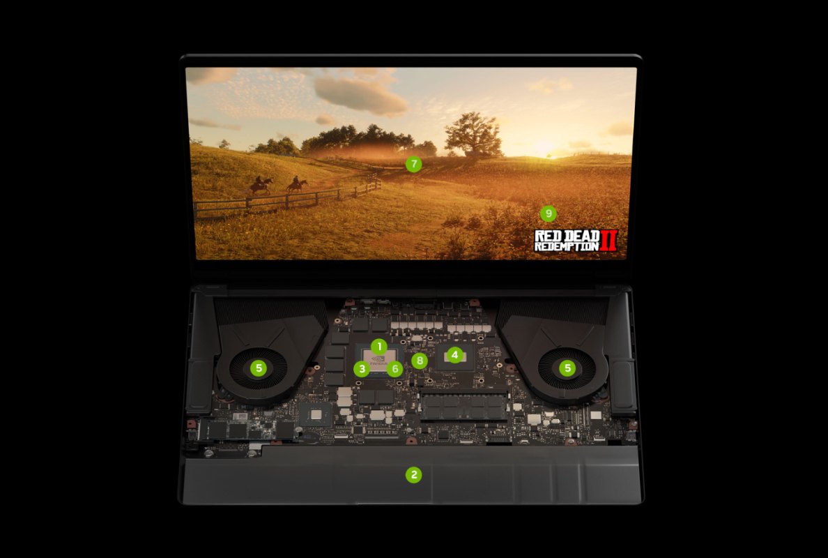 Portátil abierta muestra componentes internos y pantalla con juego Red Dead Redemption II. El fondo es negro.