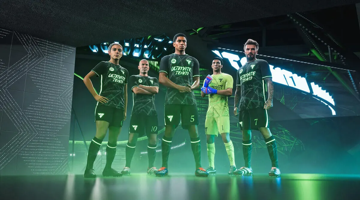 Cinco jugadores de fútbol con equipaciones negras y verdes posan frente a un fondo abstracto iluminado en verde.