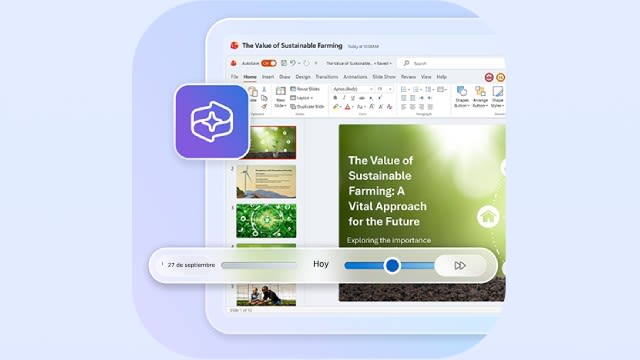 Ventana de presentación con diapositivas verdes sobre sostenibilidad y una barra de reproducción; ícono morado de IA indica funciones asistidas.