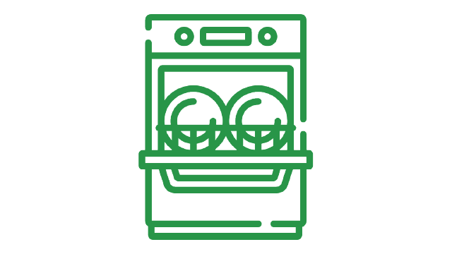 Un icono verde de un lavavajillas muestra una rejilla con dos platos redondos en el interior. Hay botones en la parte superior.