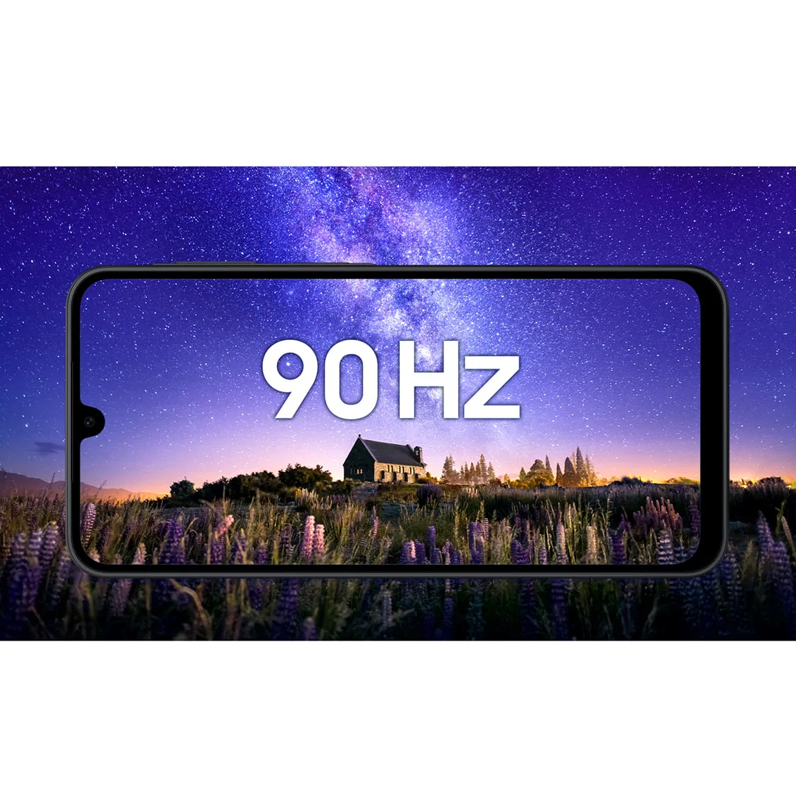 A17 5G en horizontal mostrando paisaje nocturno estrellado con el texto 90 Hz en pantalla.
