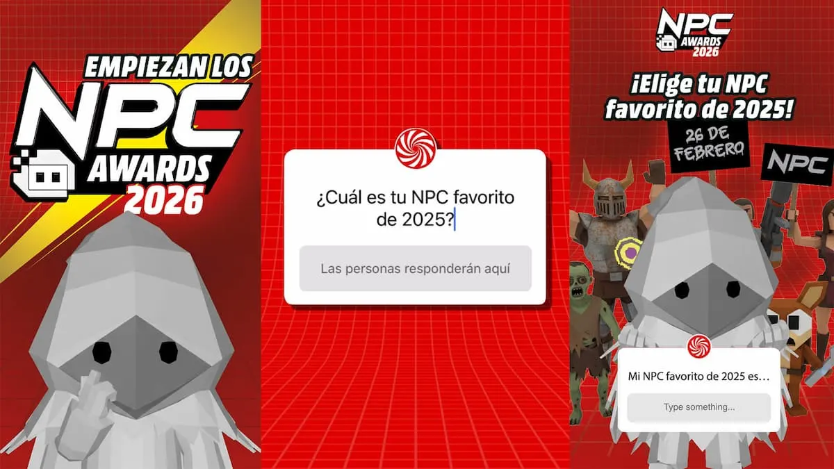 Creatividad de NPC Awards 2026 que invita a votar al NPC favorito de 2025 en redes.