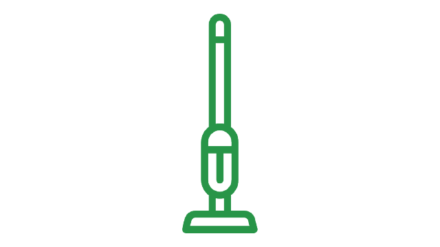 Icono verde de aspiradora vertical sobre fondo blanco, con mango alargado y base rectangular.