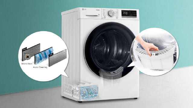 Secadora con filtros: microfiltro y autolimpieza, mano retirando depósito.