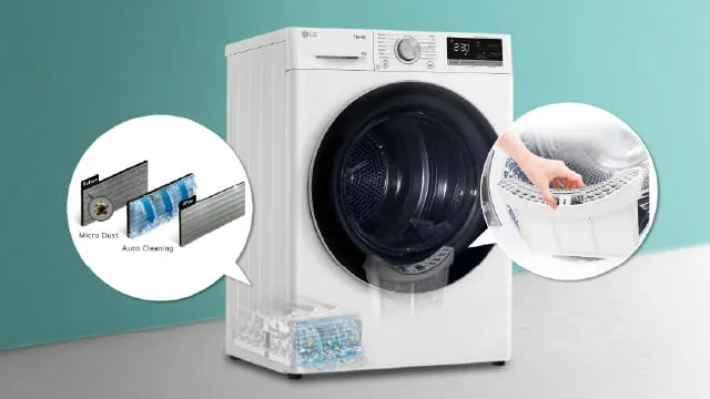 Secadora con filtros: microfiltro y autolimpieza, mano retirando depósito.