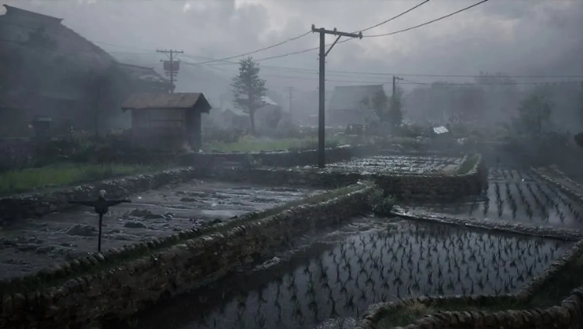 Campos de arroz inundados en un pueblo rural, bajo una niebla densa y cielo nublado, con postes eléctricos y casas al fondo.