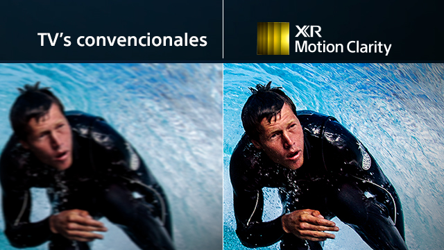 Comparativa de imagen: a la izquierda, "TVs convencionales" muestra un surfista borroso en agua azul. A la derecha, "XR Motion Clarity" ofrece una imagen nítida.