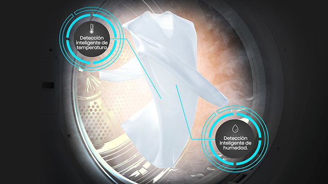 Una camisa doblada con dos textos que indican Detección inteligente de temperatura y detección de humedad.