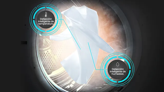 Una camisa doblada con dos textos que indican Detección inteligente de temperatura y detección de humedad.
