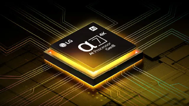 Primer plano de chip LG α8 4K AI Processor con cifras de mejora en inteligencia, rapidez y gráficos.