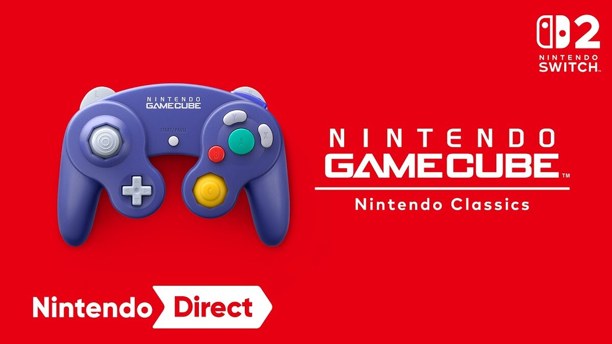 Fondo rojo con el logo de Nintendo Switch y un mando morado de GameCube con botones verde, rojo y amarillo. Texto blanco.
