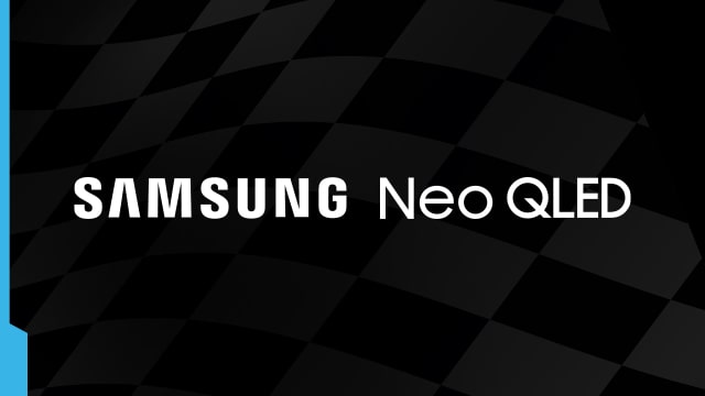 Texto blanco "SAMSUNG Neo QLED" sobre un fondo ajedrezado en tonos grises y negros, con un borde azul en la esquina inferior izquierda.