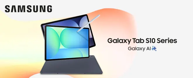 Samsung Galaxy Tab S10 Series con S Pen, diseño moderno en pantalla y logo Galaxy AI.
