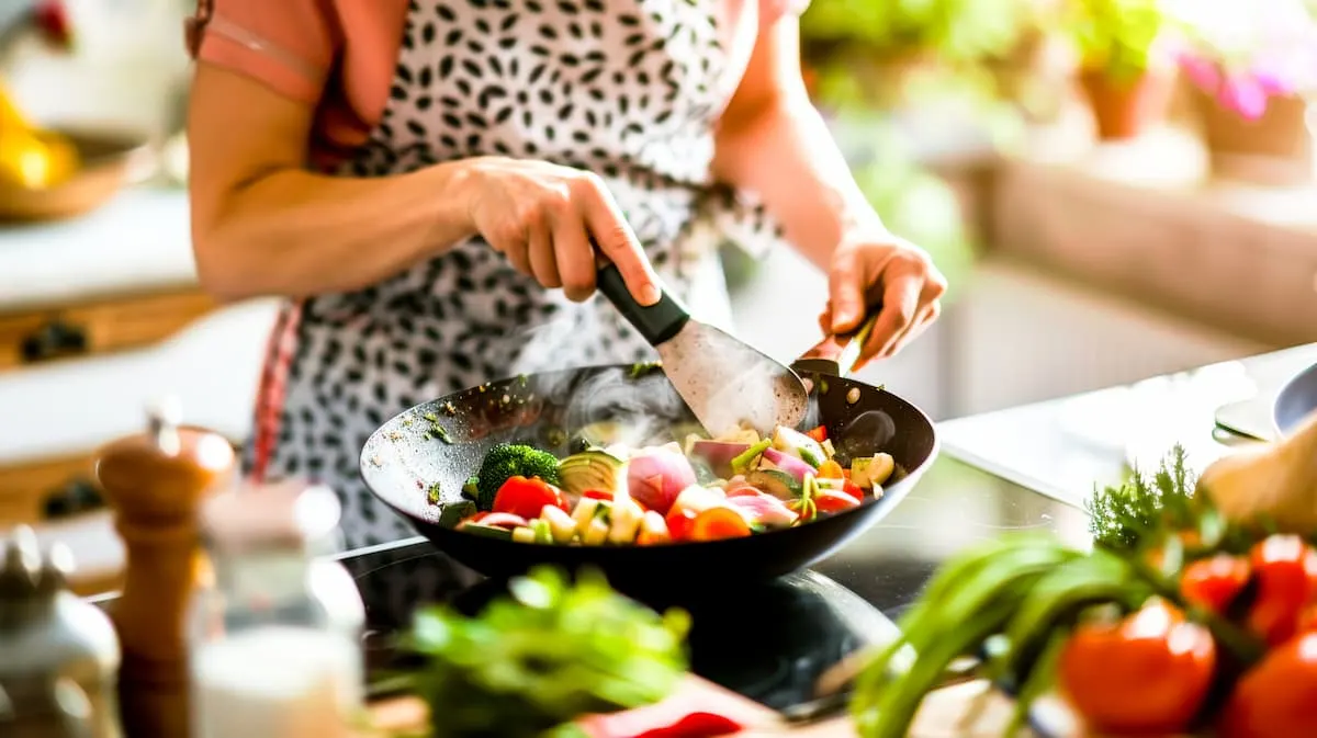 Cocinando verduras frescas en sartén en la cocina.