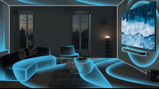 Ondas azules muestran cómo el sonido envolvente llena toda la sala desde la barra de sonido y la TV en la pared.