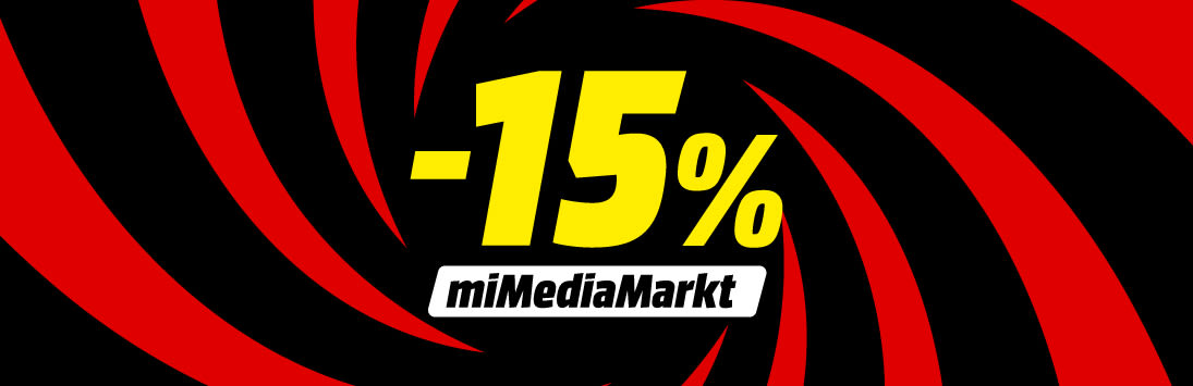 Banner con fondo rojo y negro en espiral, texto “-15%” y logo miMediaMarkt, destacando una promoción exclusiva para miembros de miMediaMarkt.
