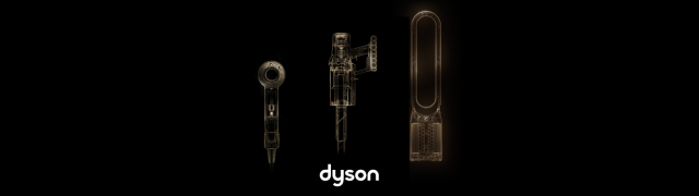 Vista técnica de dispositivos Dyson para cuidado del cabello, aspiración y clima, con diseño interno visible sobre fondo negro y logotipo Dyson.
