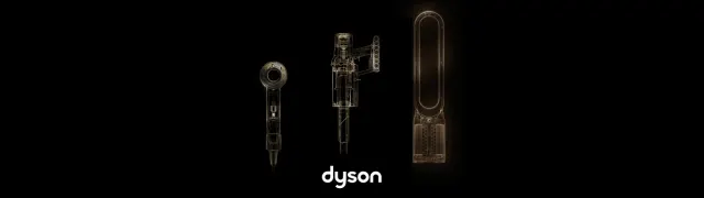 Vista técnica de dispositivos Dyson para cuidado del cabello, aspiración y clima, con diseño interno visible sobre fondo negro y logotipo Dyson.