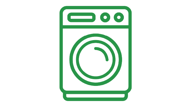 Icono verde de lavadora con panel de control superior y puerta circular frontal sobre fondo blanco.