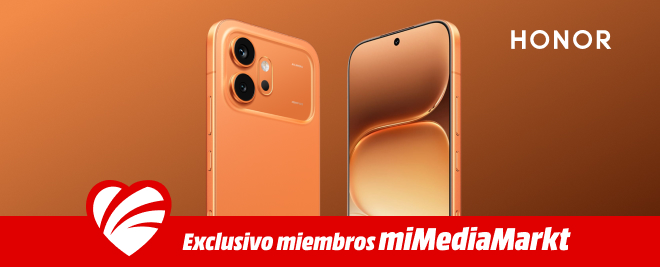 Banner de HONOR en tonos naranjas con un smartphone mostrado por delante y por detrás. Franja roja inferior con un corazón e indicador “Exclusivo miembros miMediaMarkt”. Logo HONOR en la esquina derecha.