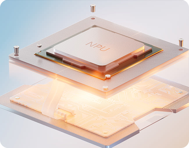 Primer plano de un chip NPU sobre una placa base, con luces anaranjadas que resaltan su potencia tecnológica.
